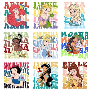 Princess Name PNG Bundle, Cute Cartoon Girl Characters with Colorful Text, Clipart for Sublimation, Cricut, Crafts - Instant Download