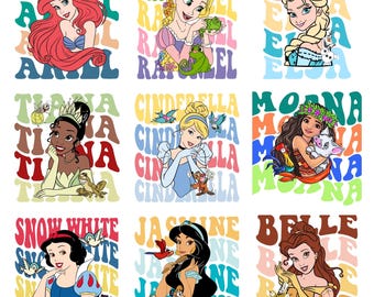 Paquete PNG con nombre de princesa, adorables personajes de dibujos animados con texto colorido, imágenes prediseñadas para sublimación, Cricut, manualidades - Descarga instantánea