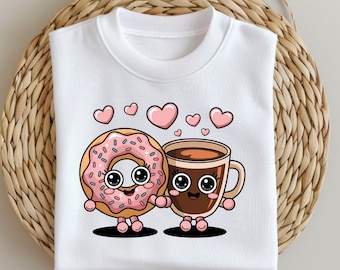 Caffè e ciambella kawaii in formato PNG, clipart di cibo per coppia carina per Cricut, design divertente di amore per la colazione, download digitale di arte a sublimazione