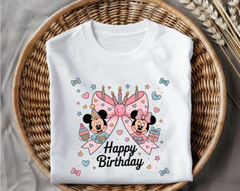 Mickey and Minnie Birthday Png, Pink Bow Clipart with Cake and Gifts, Cute Cartoon Couple Pastel Party Design for Kids, Digital Download