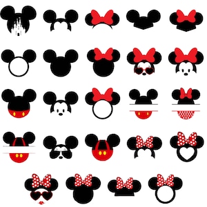 Könnte beinhalten: Ein Set mit 25 schwarzen und weißen Mickey Mouse und Minnie Mouse Kopf-Silhouetten mit roten Schleifen und Punkten. Einige der Silhouetten haben einen leeren Kreis in der Mitte, während andere ein leeres Rechteck oder eine Herzform haben.