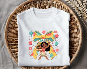 Moana Birthday Png Clipart, Tropical Cake Girl with Balloons and Floral Bow, Island Style Party Design for Kids Shirts, Instant Download
