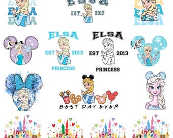 Paquete de imágenes de la princesa Elsa, clipart de orejas de ratón, paquete de castillo y amigos, diseño de Olaf y "El mejor día de la historia", descarga digital instantánea
