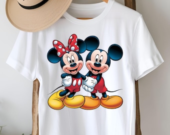 Par Minnie Mickey Clipart, söta tecknade musfigurer, röd polka rosett digital fil, matchande T-shirt PNG nedladdning