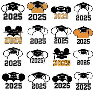 May include: A set of 12 black and white graduation cap and Mickey Mouse ear silhouettes with the year 2025 printed on each design.