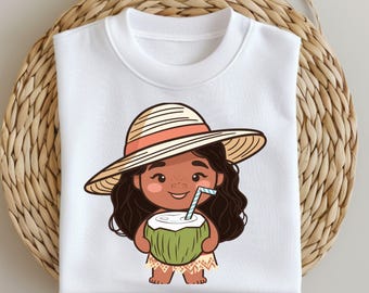 Tropical Moana Summer PNG, Cute Island Girl with Coconut Clipart, Beach Vacation Sublimation Design for Kids Shirts, Instant Download