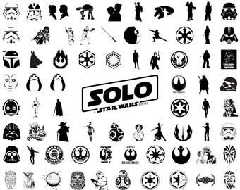 May include: Black and white illustrations of characters and symbols from the Star Wars franchise, including Darth Vader, Yoda, R2-D2, and the Millennium Falcon. The text "SOLO A STAR WARS STORY" is featured in the center of the image.