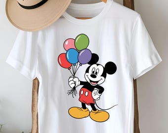 Balloon Mickey Clipart PNG, Cute Mouse with Colorful Balloons Digital File, Birthday Party Shirt Design for Kids, Instant Download