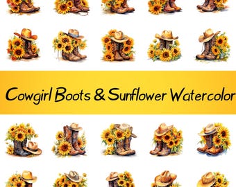 Stivali da cowgirl e girasole acquerello PNG, clipart floreale rustico country western, design estivo a sublimazione, download digitale