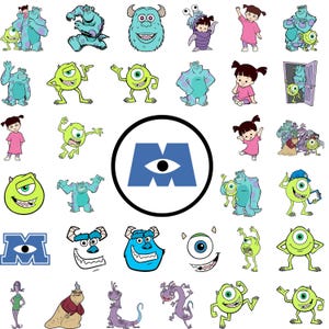 May include: A collection of colorful cartoon illustrations featuring a one-eyed monster, a girl with purple hair, and the letter "M" with a single eye in the center. The illustrations are in various poses and expressions.
