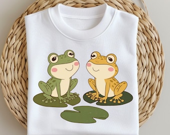 Süßes Froschpaar PNG Clipart, Romantische Kröten Seerosenblatt Illustration, Grün und Gelb Frosch Liebe Digital Art zum Sublimation Download