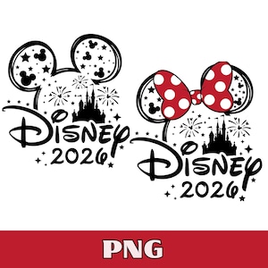 Può includere: Grafica a tema Disney in bianco e nero con orecchie di Topolino e un fiocco di Minnie. Il design include la parola "Disney" e l'anno "2026", insieme a fuochi d'artificio e una silhouette di castello. Il fiocco di Minnie è rosso a pois bianchi.