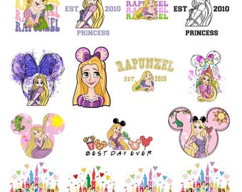 Paquete PNG de la princesa Rapunzel, clipart de orejas de ratón de Pascal, arte de castillo y el mejor día, diseño del escuadrón de amigos enredados, descarga digital instantánea