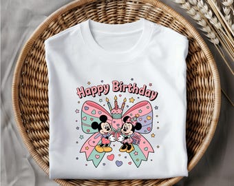 Mickey Birthday Png Clipart, Minnie Pastel Bow with Cake and Gift, Cute Cartoon Couple Celebration Design for Kids, Instant Digital Download