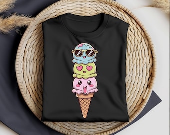 Kawaii Ice Cream Cone PNG, Cute Summer Pastel Ice Cream Clipart with Faces, Fun Dessert Sublimation Design for Shirts, Digital Download