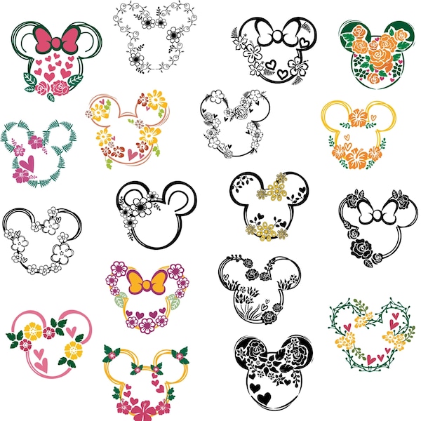 20 Mickey Flower Svg Bundle Layered Item, Floral MinnieMouse ears svg, Minnie Flower Clipart, Flower wreath svg, MickeyEars shirt cut files