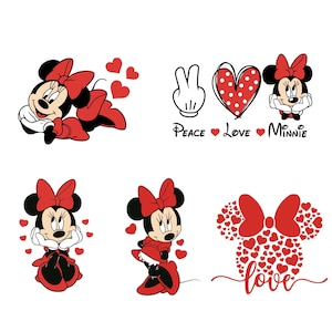 May include: A set of five digital designs featuring Minnie Mouse in various poses with hearts and the text "Peace Love Minnie" and "love".