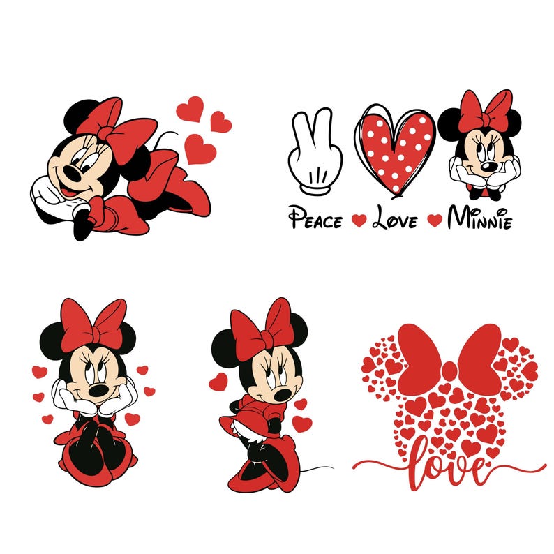 May include: A set of five digital designs featuring Minnie Mouse in various poses with hearts and the text "Peace Love Minnie" and "love".