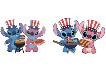 Stitch and Angel BBQ PNG, 4th of July Patriotic Cookout Clipart, Cute Burger Hotdog Grill Sublimation Design, Digital Download
