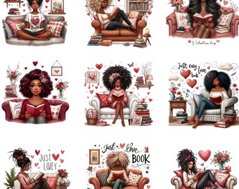 Afro Woman Book Lover PNG, Black Girl Reading Sublimation, Cozy Bookish Clipart Bundle, Valentine Love Aesthetic Art, Instant Download