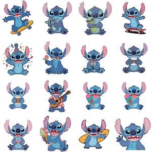 Peut inclure: Un ensemble de 16 images clipart numériques représentant Stitch, le personnage extraterrestre bleu du film Disney Lilo & Stitch. Chaque image montre Stitch dans une pose différente et avec différents accessoires, comme une fleur, un ukulélé, de la glace et des lunettes de soleil.