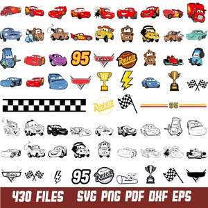 Cars SVG PNG-bundel, Lightning McQueen clipartset, Mater Tow Truck Vector, 430 Disney Cars-bestanden voor Cricut, Instant Download