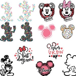 May include: A collection of colourful Mickey Mouse and Minnie Mouse themed illustrations. The illustrations include Mickey and Minnie Mouse faces, Mickey Mouse ears, a donut with sprinkles, and the text "Never Grow Up".