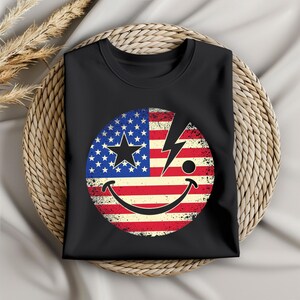 USA Flag Smiley Face PNG, Retro Patriotic Lightning Bolt Design, Fourth of July Sublimation Art for Shirts and Decor, Digital Download