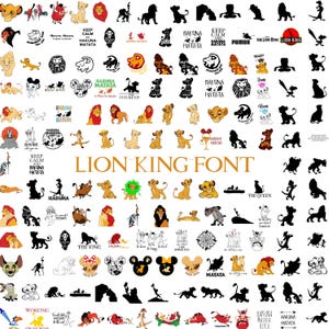 Puede incluir: Una colección de imágenes digitales de clipart con temática de El Rey León. Las imágenes incluyen personajes como Simba, Nala, Mufasa, Scar, Timon, Pumbaa, y más. Las imágenes también incluyen texto como "Hakuna Matata" y "El Rey León".