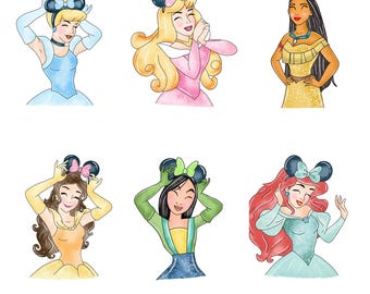 May include: Watercolour illustrations of six Disney princesses wearing mouse ear headbands with bows. Cinderella in blue, Aurora in pink, Pocahontas in yellow, Belle in yellow, Mulan in green, and Ariel in teal.
