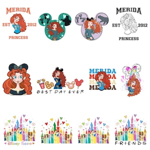 以下が含まれることがあります： 勇敢なメリダのグラフィックデザインのコレクション。デザインにはメリダの画像、「MERIDA EST 2012 PRINCESS」の文字、ミッキーマウスの耳が含まれています。その他のデザインには、「BEST DAY EVER」、「Disney Squad」、「FRIENDS」が含まれています。