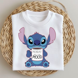 Stitch Monday Mood Coffee PNG, Sleepy Alien Cartoon Art, Funny Mug Clipart for Sublimation, Lazy Day Quote Design, Digital Download