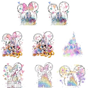 Könnte beinhalten: Ein Set mit sechs digitalen Illustrationen, die Mickey Mouse und seine Freunde, das Schloss von Aschenputtel und Feuerwerk zeigen. Die Illustrationen sind im Aquarellstil mit rosa, blauen und gelben Farben gehalten.