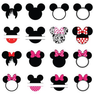 May include: Set of 16 black and white mouse head silhouettes with various designs. Some designs include a bow, polka dots, a castle, and a blank space for personalization.