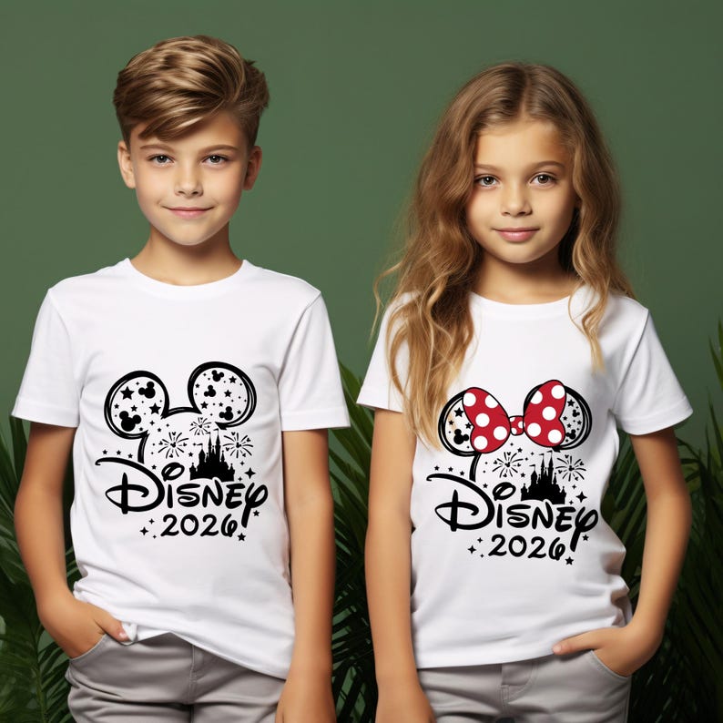 May include: Two white t-shirts with black Disney-themed graphics. One shirt features Mickey Mouse ears with stars, fireworks, and the text "Disney 2026!". The other shirt has Minnie Mouse ears with a red polka-dot bow and the same text.
