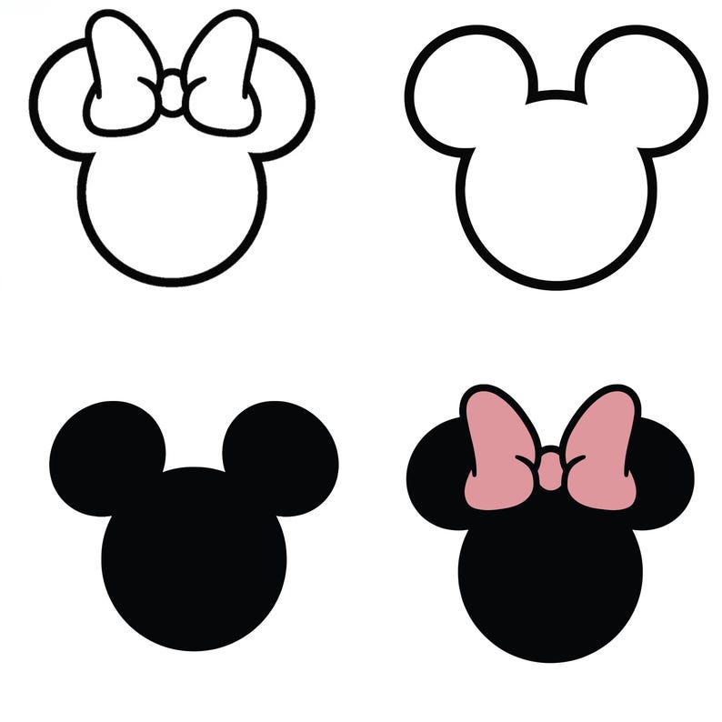 Pacchetto SVG ispirato a Topolino e Minnie, SVG per maglietta dei cartoni animati, orecchie di Topolino e Minnie, contorno di Topolino e Minnie, fiocco di Topolino, download immediato immagine 1