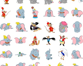 May include: A collection of 36 colorful illustrations featuring Dumbo the elephant in various poses and settings. The illustrations include Dumbo flying, Dumbo with his mother, Dumbo with circus performers, and Dumbo with other animals. The illustrations are perfect for use in a variety of creative projects, such as scrapbooking, card making, and digital design.