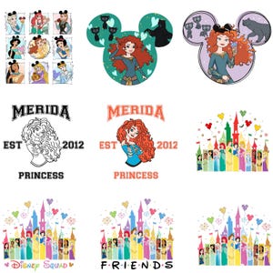 May include: A digital design featuring a cartoon image of Merida from the Disney movie Brave. The design includes a black and white outline of Merida with the text "Merida Est 2012 Princess" and a color version of Merida with the text "Merida Est 2012 Princess". The design also includes a cartoon image of a castle with fireworks and a line of Disney princesses. The text "Disney Squad" is at the bottom of the image.