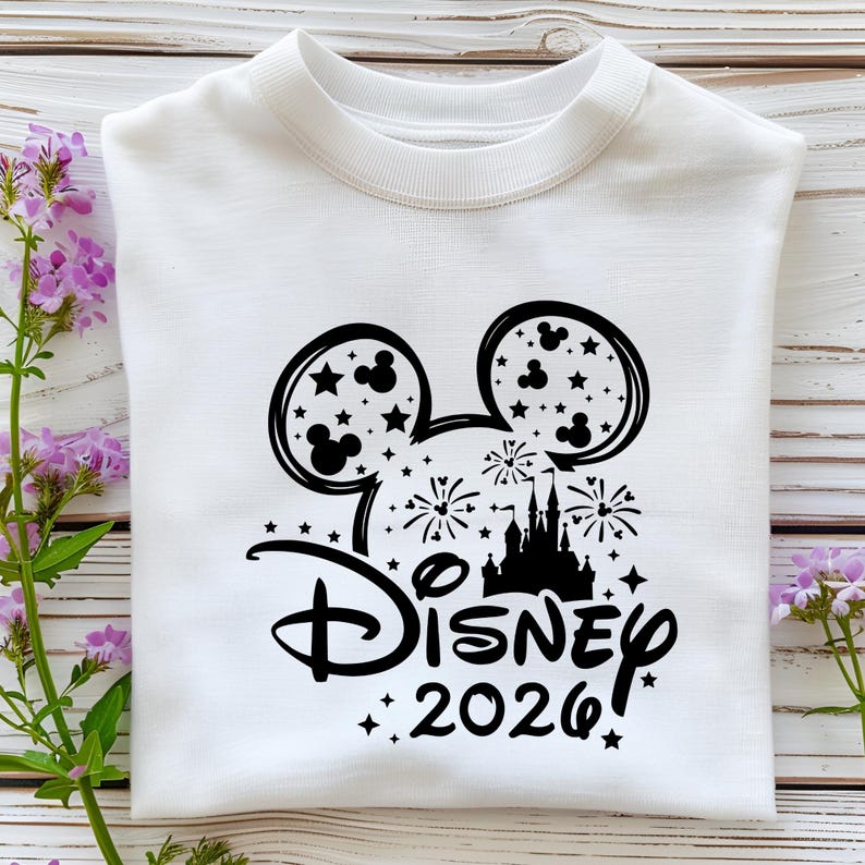 May include: White sweatshirt featuring a black Mickey Mouse head design filled with stars and fireworks. Below the design is the word "Disney" and the year "2026" in a script font. The sweatshirt is folded neatly.