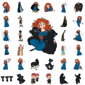 May include: A collection of cartoon illustrations featuring a red-haired girl with a blue dress and three black bears. The girl is holding two of the bears and the third bear is sitting next to her. The illustrations are in a variety of poses and settings, including the girl with a bow and arrow, the girl with a sword, the girl with a crown, and the girl with a crown and a cape. The illustrations are all in a cartoon style and are brightly colored.