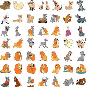 Paquete de imágenes prediseñadas SVG de La Dama y el Vagabundo, archivo digital de pareja de perros adorables, sublimación de cachorro de dibujos animados, descarga instantánea para proyectos de bricolaje