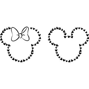 May include: Two black and white Mickey Mouse head outlines. One has a bow, the other does not. The outlines are made of small Mickey Mouse head shapes. The background is white.