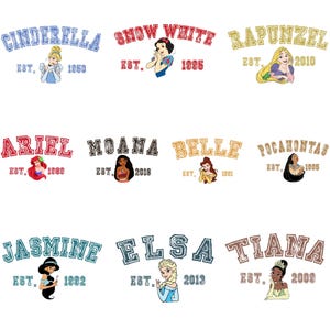 Cartoon Princess College Style PNG, Est. Year Text Design Clipart, Digital Sublimation Art for Shirts, Stickers, Instant Download