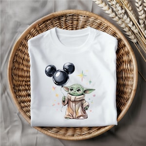 Baby Yoda Png Clipart, Mickey Balloon with Pastel Stars, Cute Galactic Grogu Design for Sublimation, Cartoon Style, Instant Digital Download