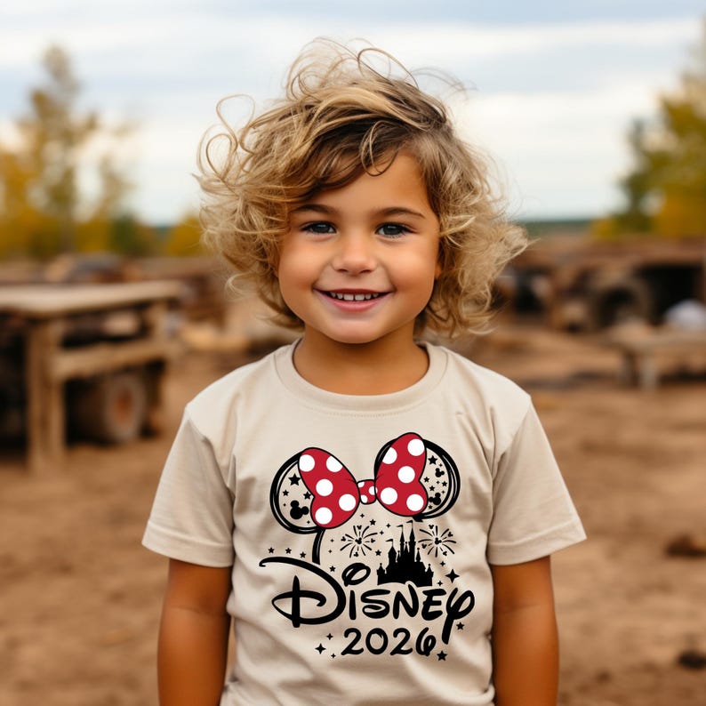May include: A tan t-shirt featuring a Minnie Mouse design with a red polka-dot bow and black mouse ears. The shirt also has the text "Disney 2026" in black. The child is smiling and wearing the shirt.