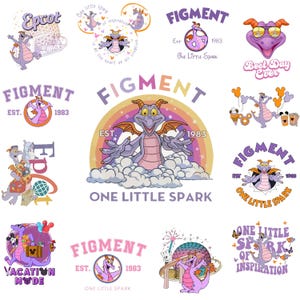 Op de afbeelding: Een verzameling kleurrijke digitale illustraties met Figment, de paarse draak mascotte van het Imagination! paviljoen in Epcot. De illustraties tonen Figment in verschillende poses, waaronder vliegen, staan en een vonk vasthouden. De tekst "Figment" en "One Little Spark" zijn te zien in verschillende van de illustraties.