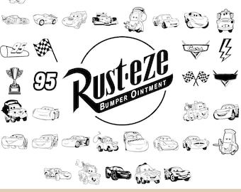 May include: A collection of black and white line art images featuring characters and logos from the Disney Pixar movie Cars. The images include Lightning McQueen, Mater, and other characters from the film. The text "Rust-eze Bumper Ointment" and "Cars" are also included.