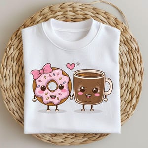 Coffee and Donut Couple PNG, Kawaii Valentine Design, Cute Food Love Clipart for Sublimation, Funny Matching Shirt Digital Download