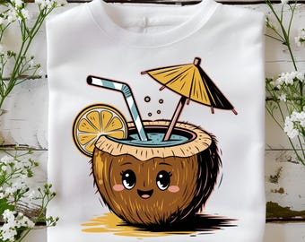 Kawaii Coconut Drink PNG, Cute Tropical Summer Clipart, Beach Vacation Sublimation Design, Smiling Coconut Art for T-Shirts & Mugs