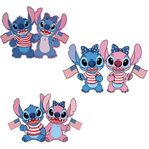 Stitch e Angel 4 luglio PNG, Clipart di cartoni animati patriottici con bandiere americane, Sublimazione di una coppia carina per il Giorno dell'Indipendenza, Download digitale